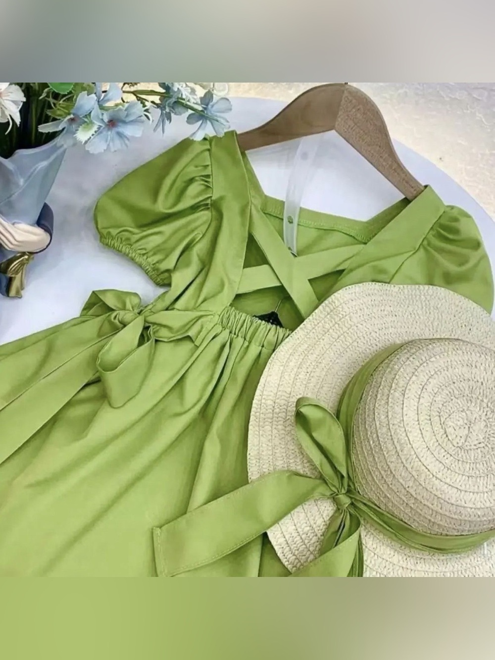 Lime Green Crisscross Back Puff Sleeve Dress